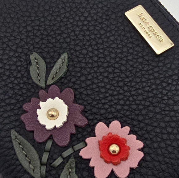 Kate Spade Laurel Way Darci Floral Appliqué Zip Wallet Black Pebbled Leather - Picture 10 of 16